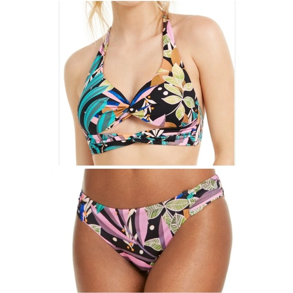 Bar III Bikini Set Keyhole Top Hipster Bottoms size L Hidden Jungle NWT - Picture 1 of 15